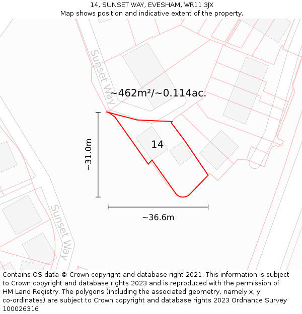 14, SUNSET WAY, EVESHAM, WR11 3JX: Plot and title map