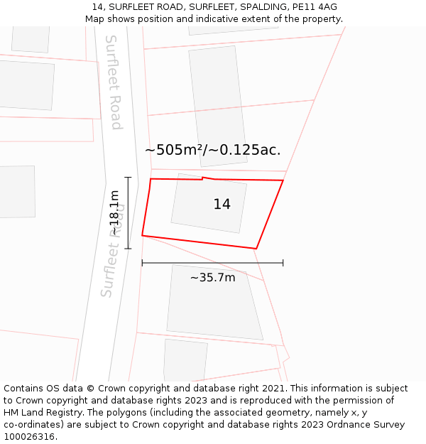14, SURFLEET ROAD, SURFLEET, SPALDING, PE11 4AG: Plot and title map