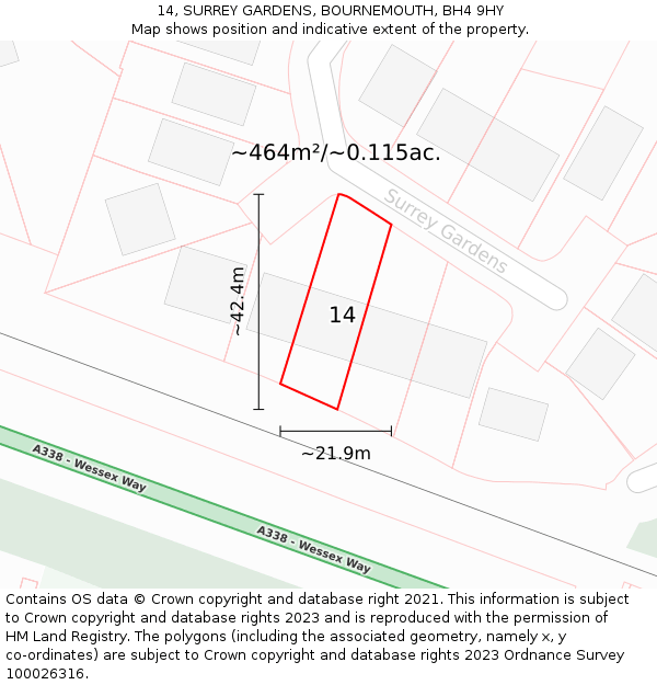 14, SURREY GARDENS, BOURNEMOUTH, BH4 9HY: Plot and title map