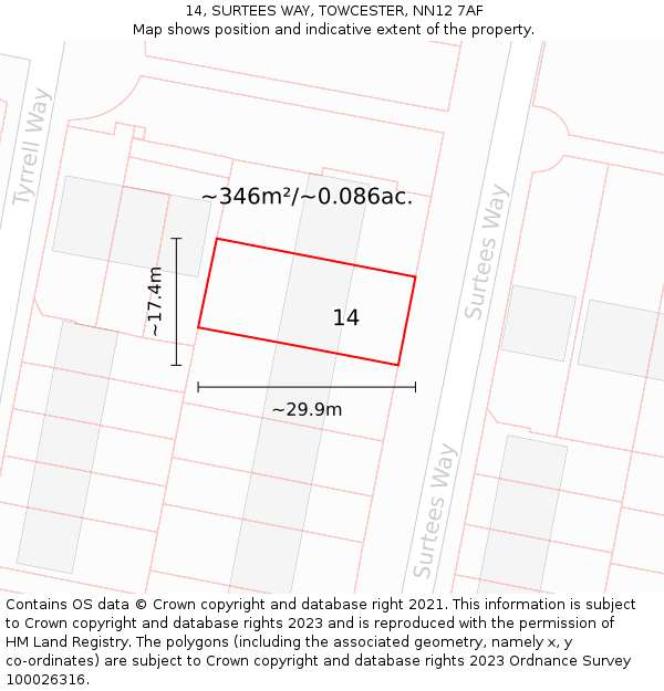 14, SURTEES WAY, TOWCESTER, NN12 7AF: Plot and title map