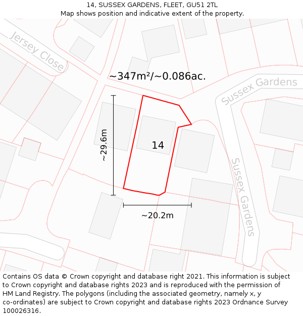 14, SUSSEX GARDENS, FLEET, GU51 2TL: Plot and title map