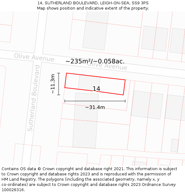 14, SUTHERLAND BOULEVARD, LEIGH-ON-SEA, SS9 3PS: Plot and title map