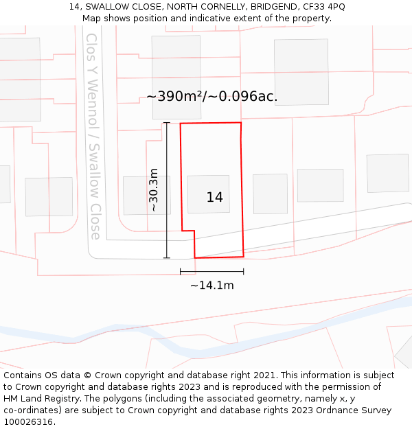 14, SWALLOW CLOSE, NORTH CORNELLY, BRIDGEND, CF33 4PQ: Plot and title map