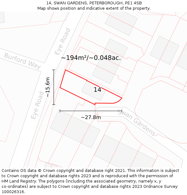 14, SWAN GARDENS, PETERBOROUGH, PE1 4SB: Plot and title map