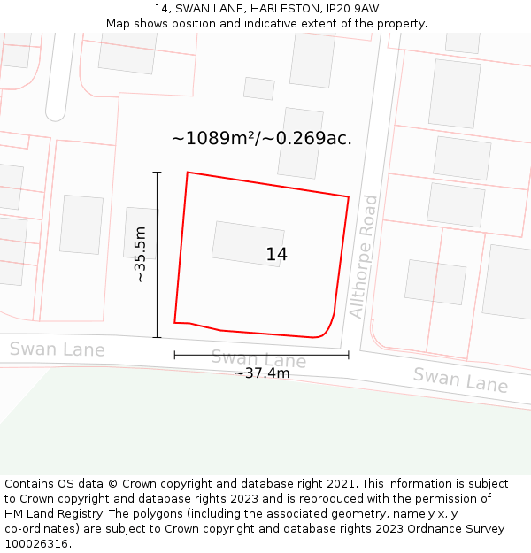 14, SWAN LANE, HARLESTON, IP20 9AW: Plot and title map