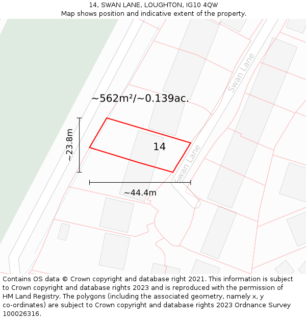 14, SWAN LANE, LOUGHTON, IG10 4QW: Plot and title map