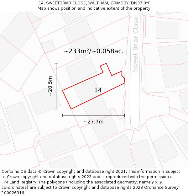 14, SWEETBRIAR CLOSE, WALTHAM, GRIMSBY, DN37 0YF: Plot and title map