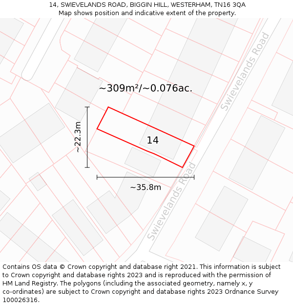14, SWIEVELANDS ROAD, BIGGIN HILL, WESTERHAM, TN16 3QA: Plot and title map