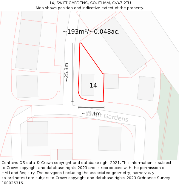 14, SWIFT GARDENS, SOUTHAM, CV47 2TU: Plot and title map