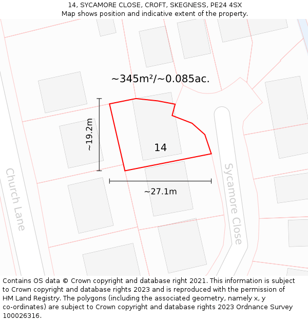 14, SYCAMORE CLOSE, CROFT, SKEGNESS, PE24 4SX: Plot and title map