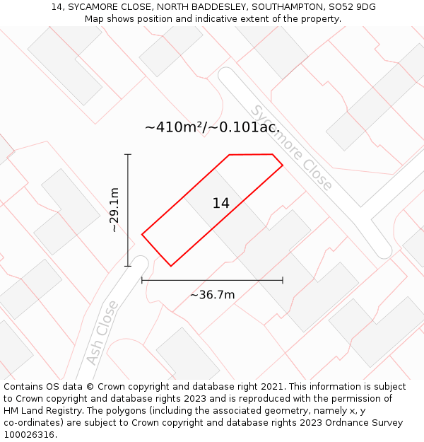 14, SYCAMORE CLOSE, NORTH BADDESLEY, SOUTHAMPTON, SO52 9DG: Plot and title map