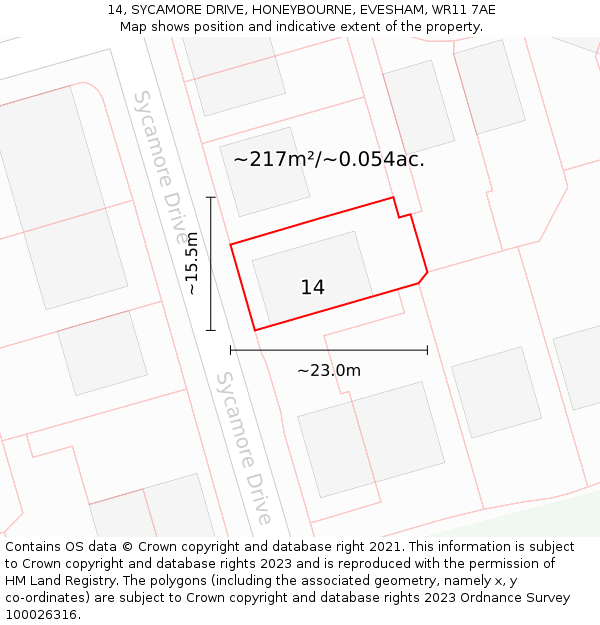 14, SYCAMORE DRIVE, HONEYBOURNE, EVESHAM, WR11 7AE: Plot and title map