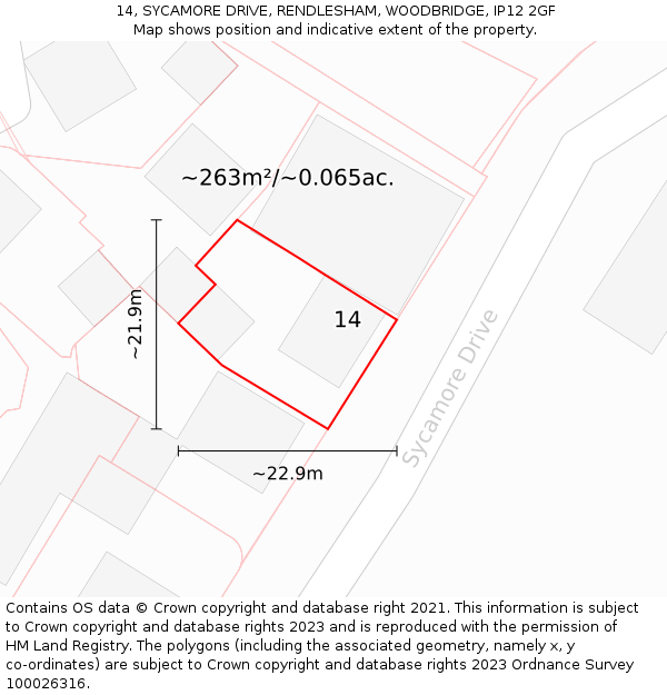 14, SYCAMORE DRIVE, RENDLESHAM, WOODBRIDGE, IP12 2GF: Plot and title map