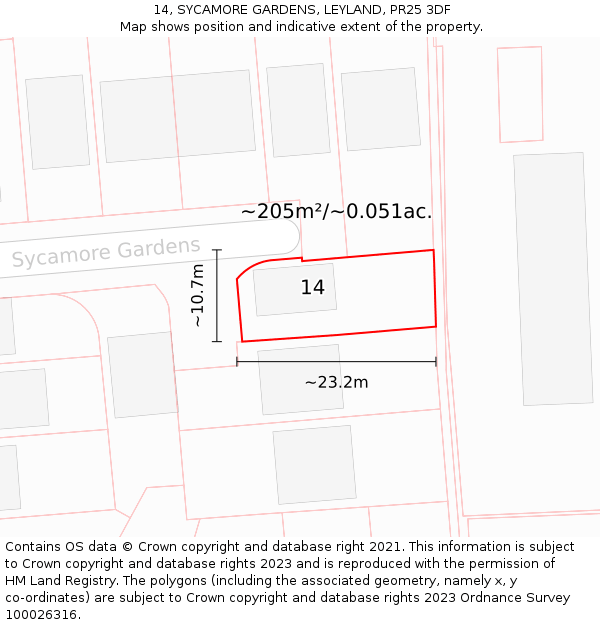14, SYCAMORE GARDENS, LEYLAND, PR25 3DF: Plot and title map
