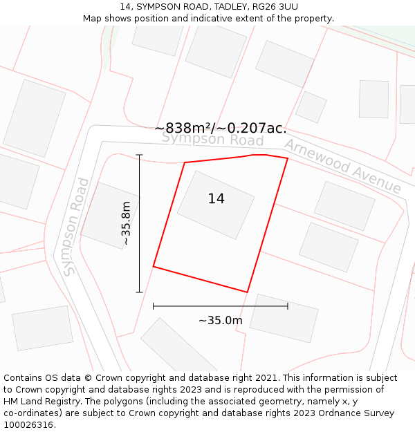 14, SYMPSON ROAD, TADLEY, RG26 3UU: Plot and title map