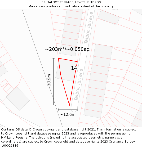 14, TALBOT TERRACE, LEWES, BN7 2DS: Plot and title map