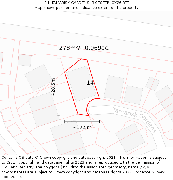 14, TAMARISK GARDENS, BICESTER, OX26 3FT: Plot and title map