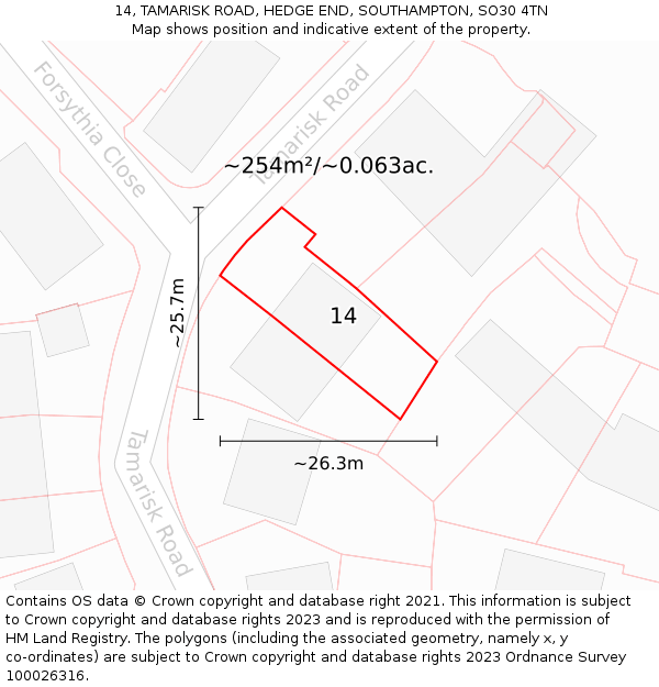 14, TAMARISK ROAD, HEDGE END, SOUTHAMPTON, SO30 4TN: Plot and title map