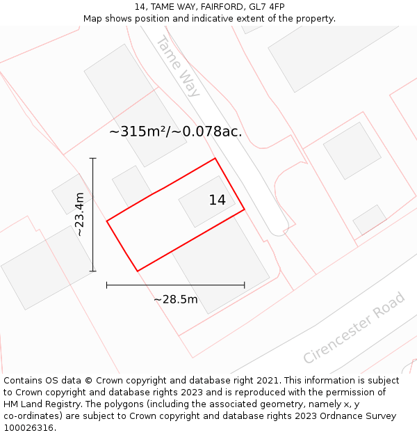 14, TAME WAY, FAIRFORD, GL7 4FP: Plot and title map