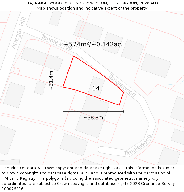 14, TANGLEWOOD, ALCONBURY WESTON, HUNTINGDON, PE28 4LB: Plot and title map