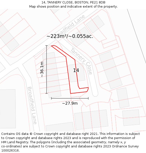 14, TANNERY CLOSE, BOSTON, PE21 8DB: Plot and title map