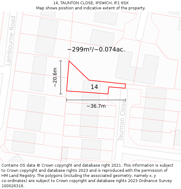 14, TAUNTON CLOSE, IPSWICH, IP1 6SX: Plot and title map