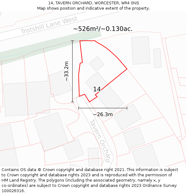 14, TAVERN ORCHARD, WORCESTER, WR4 0NS: Plot and title map
