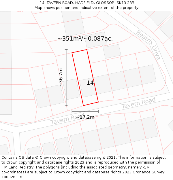 14, TAVERN ROAD, HADFIELD, GLOSSOP, SK13 2RB: Plot and title map