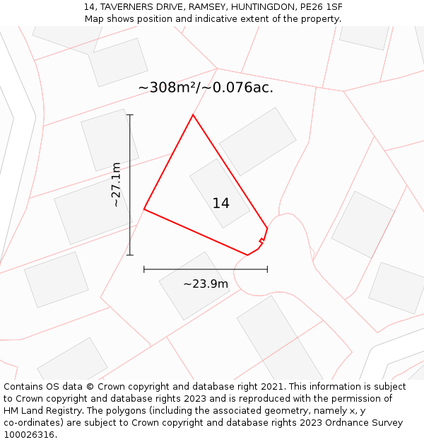 14, TAVERNERS DRIVE, RAMSEY, HUNTINGDON, PE26 1SF: Plot and title map