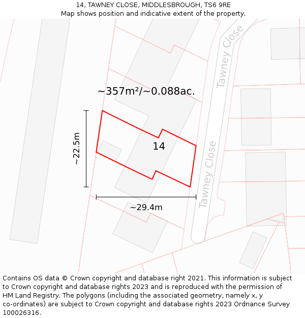 14, TAWNEY CLOSE, MIDDLESBROUGH, TS6 9RE: Plot and title map