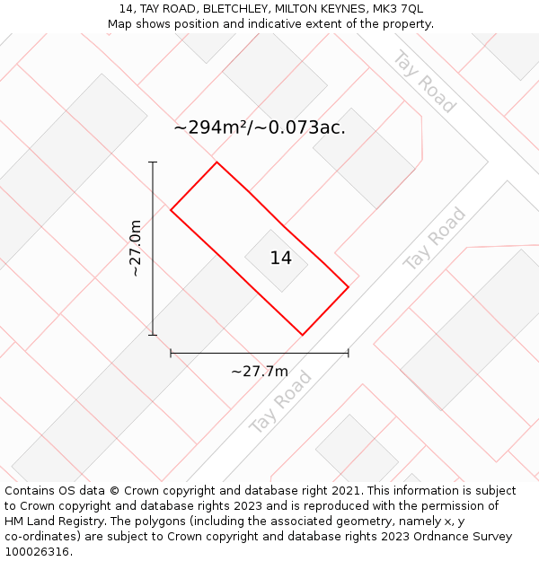14, TAY ROAD, BLETCHLEY, MILTON KEYNES, MK3 7QL: Plot and title map