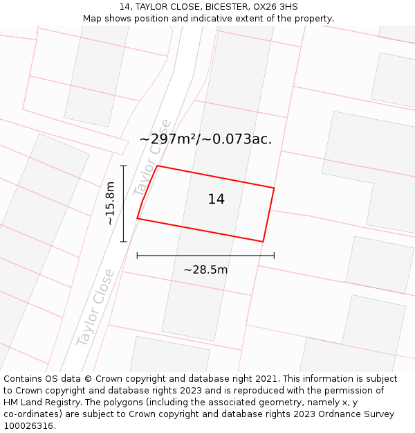 14, TAYLOR CLOSE, BICESTER, OX26 3HS: Plot and title map