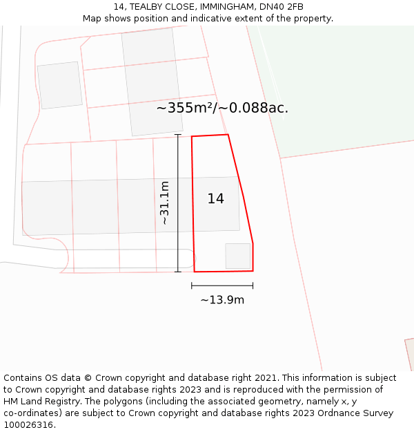 14, TEALBY CLOSE, IMMINGHAM, DN40 2FB: Plot and title map
