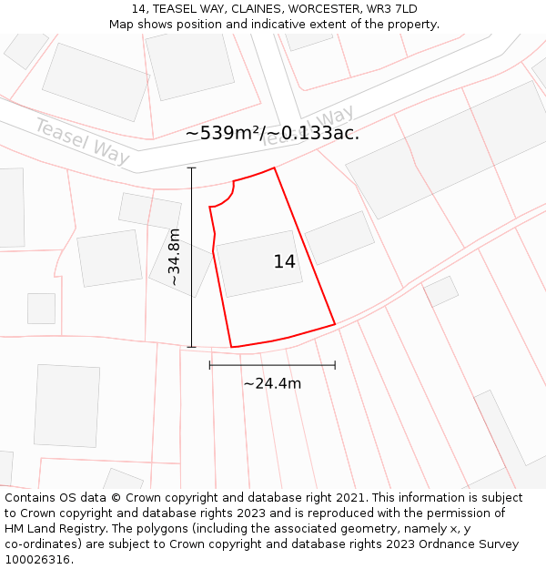 14, TEASEL WAY, CLAINES, WORCESTER, WR3 7LD: Plot and title map