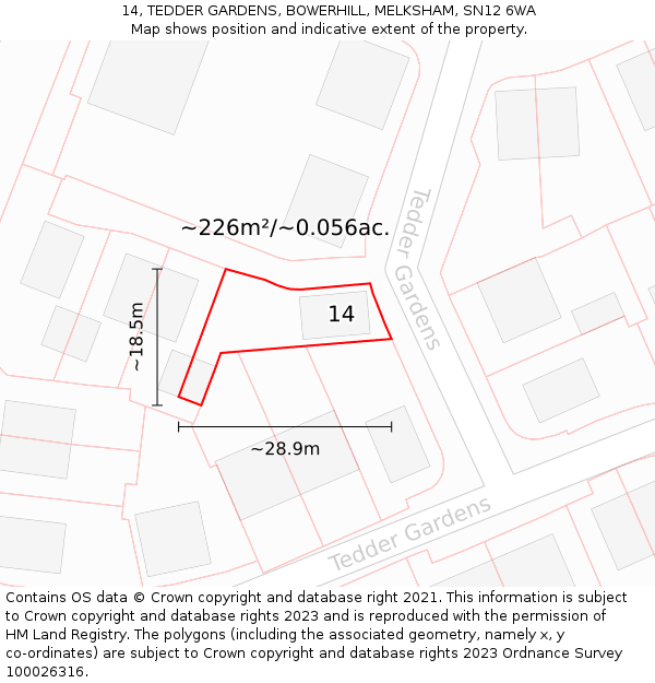 14, TEDDER GARDENS, BOWERHILL, MELKSHAM, SN12 6WA: Plot and title map