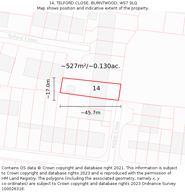 14, TELFORD CLOSE, BURNTWOOD, WS7 9LQ: Plot and title map