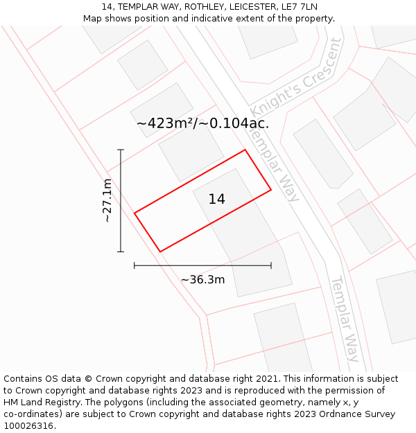 14, TEMPLAR WAY, ROTHLEY, LEICESTER, LE7 7LN: Plot and title map