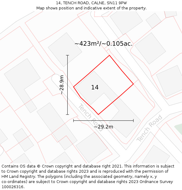 14, TENCH ROAD, CALNE, SN11 9PW: Plot and title map