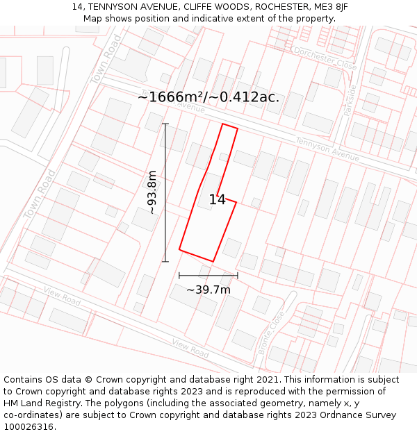 14, TENNYSON AVENUE, CLIFFE WOODS, ROCHESTER, ME3 8JF: Plot and title map