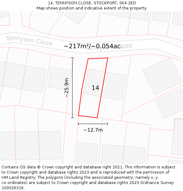 14, TENNYSON CLOSE, STOCKPORT, SK4 2ED: Plot and title map