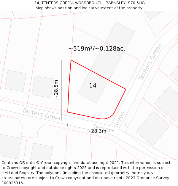 14, TENTERS GREEN, WORSBROUGH, BARNSLEY, S70 5HG: Plot and title map
