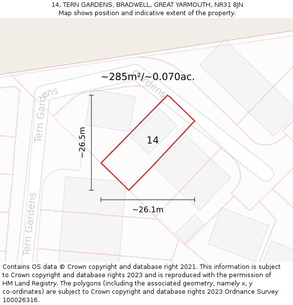 14, TERN GARDENS, BRADWELL, GREAT YARMOUTH, NR31 8JN: Plot and title map