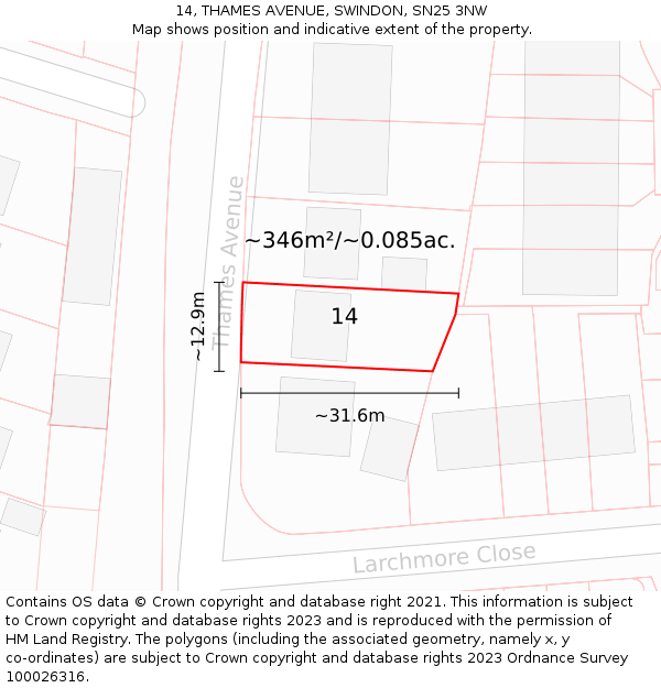 14, THAMES AVENUE, SWINDON, SN25 3NW: Plot and title map