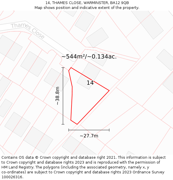 14, THAMES CLOSE, WARMINSTER, BA12 9QB: Plot and title map