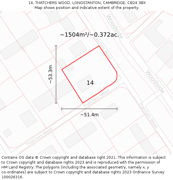 14, THATCHERS WOOD, LONGSTANTON, CAMBRIDGE, CB24 3BX: Plot and title map