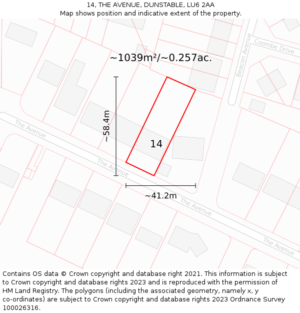 14, THE AVENUE, DUNSTABLE, LU6 2AA: Plot and title map
