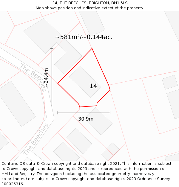 14, THE BEECHES, BRIGHTON, BN1 5LS: Plot and title map