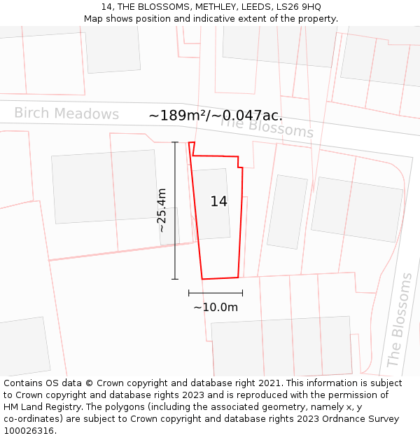 14, THE BLOSSOMS, METHLEY, LEEDS, LS26 9HQ: Plot and title map