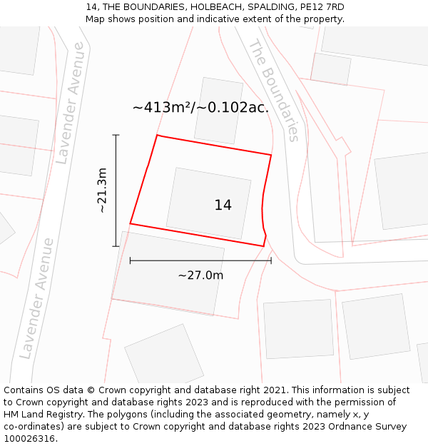 14, THE BOUNDARIES, HOLBEACH, SPALDING, PE12 7RD: Plot and title map