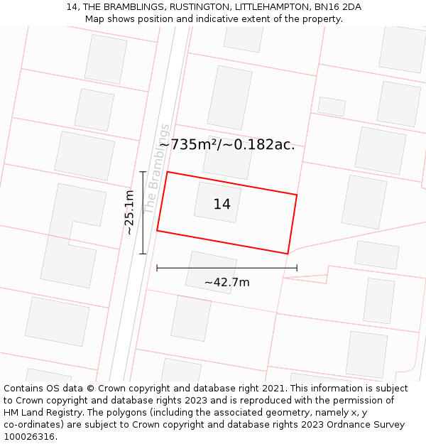 14, THE BRAMBLINGS, RUSTINGTON, LITTLEHAMPTON, BN16 2DA: Plot and title map